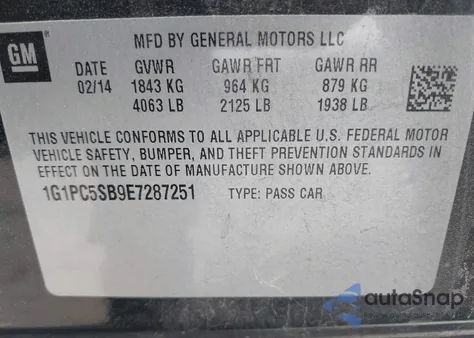 2014 Chevrolet Cruze 1Lt Auto from USA, damaged, VIN 1G1PC5SB9E7287251